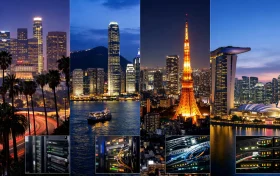 四张代表不同地区数据中心或服务器机房的实景照片拼接图，包括美国、香港、日本、新加坡。