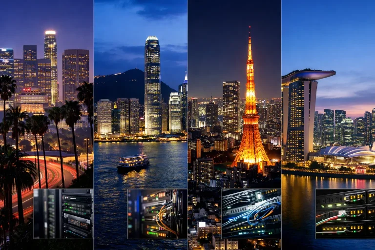 四张代表不同地区数据中心或服务器机房的实景照片拼接图，包括美国、香港、日本、新加坡。