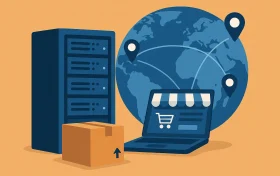 一台服务器机柜、一台笔记本电脑、一个纸质快递箱和一个显示互联位置的地球图标