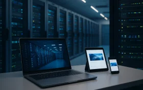 桌面上的笔记本电脑和移动设备前方展示数据中心服务器机柜场景