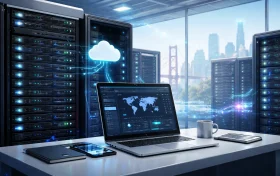 一间现代数据中心内部，服务器机柜排列整齐，前方桌面上放有笔记本电脑与移动设备，背景为城市天际线和桥梁