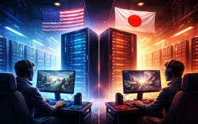 两名玩家分别在美国与日本服务器环境中进行游戏操作，背景为蓝色和红色的机房服务器架构。