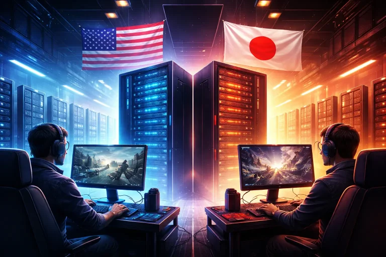 两名玩家分别在美国与日本服务器环境中进行游戏操作，背景为蓝色和红色的机房服务器架构。