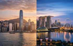 香港与新加坡天际线的对比图，左侧为夕阳下的香港维多利亚港，右侧为傍晚的新加坡滨海湾