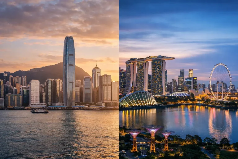 香港与新加坡天际线的对比图，左侧为夕阳下的香港维多利亚港，右侧为傍晚的新加坡滨海湾