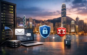 香港城市夜景前，一组服务器设备、笔记本电脑与邮件安全图标组合展示
