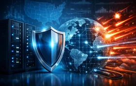 金属质感的盾牌矗立在服务器机柜前方，背景为带有美国地图的数字世界地图与全球网络连接图案，右侧有橙色光束模拟攻击流向。