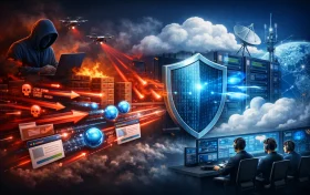 一幅展示DDoS攻击与网络防御对抗场景的插画，左侧为黑客与恶意代码攻击，右侧为由数据中心与防护盾牌组成的防御系统