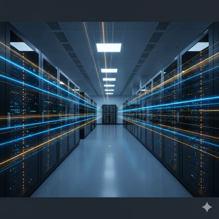 Modern high-speed server racks in a Hong Kong data center with glowing fiber optic light trails representing CN2 GIA connectivity.