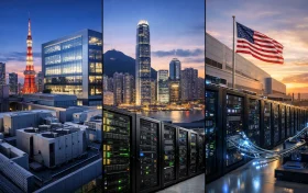 日本东京、香港和美国三地的数据中心与服务器机房横向并列展示