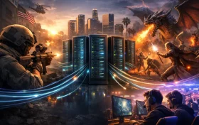 画面中央是一组服务器机柜，左右分别呈现第一人称射击游戏战斗场景、奇幻角色战斗场景以及电竞玩家使用电脑进行对战的画面，服务器与各场景之间由发光线条连接。