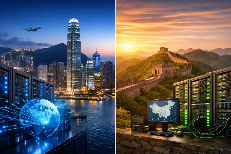 横向对比画面，左侧为香港城市夜景与服务器机柜及网络连接图形，右侧为长城背景下的服务器机柜与显示器设备