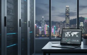 一台显示电商数据图表的笔记本电脑放置在办公桌上，背景是发光的服务器机柜和模糊的香港城市夜景。