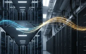 对比美国和香港机房数据中心的写实科技感景观图，展示光纤线条连接的服务器机架，寓意全球大带宽数据传输。