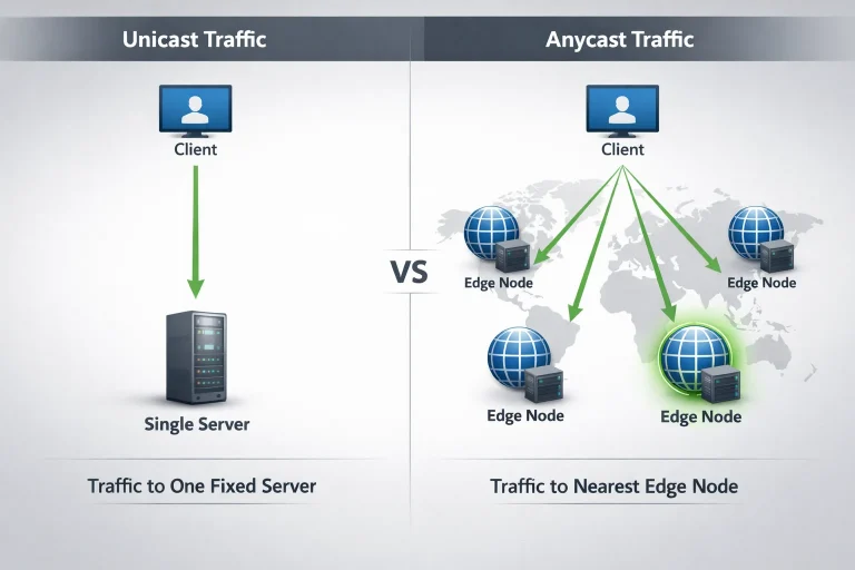 Anycast 与 Unicast 请求流向差异示意图