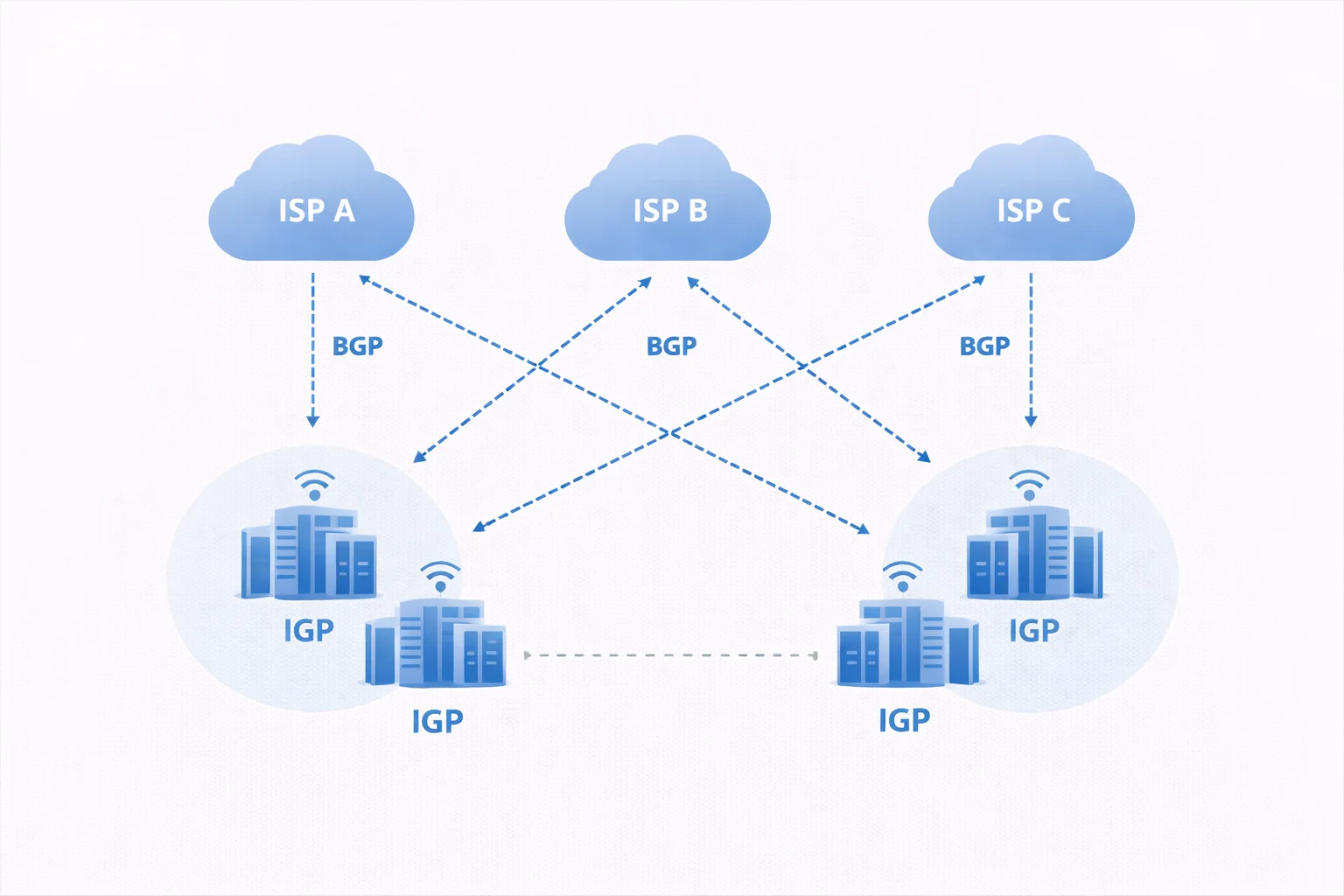 BGP 多线接入与 Anycast 场景示意图