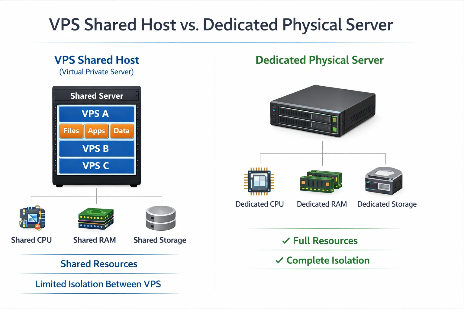 VPS 与独立服务器资源隔离示意图