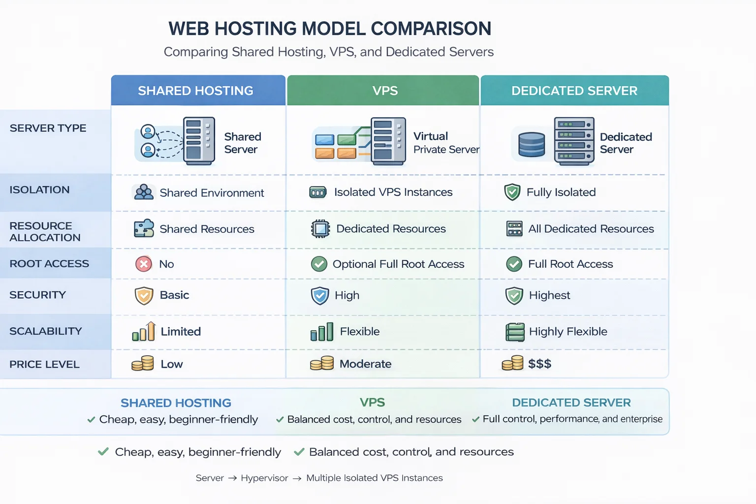 共享主机 VPS 独立服务器对比图