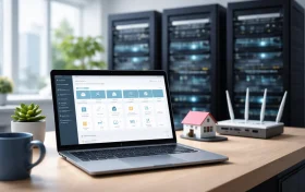 桌面上的笔记本电脑显示控制面板界面，旁边放有路由器模型、小房子模型、绿植和咖啡杯，背景为服务器机柜