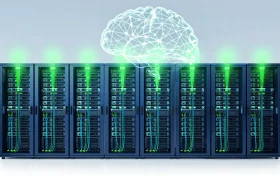绿色数据中心概念图，服务器机架上方覆盖神经网络
