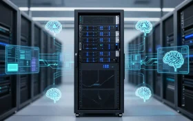 AI运维工具概念封面图：服务器机架与AI数据流