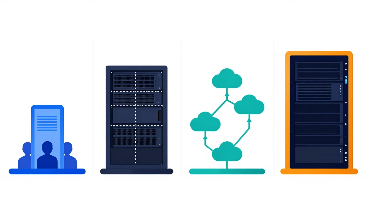 四种托管方式对比图：共享主机、VPS、云服务器与独立服务器