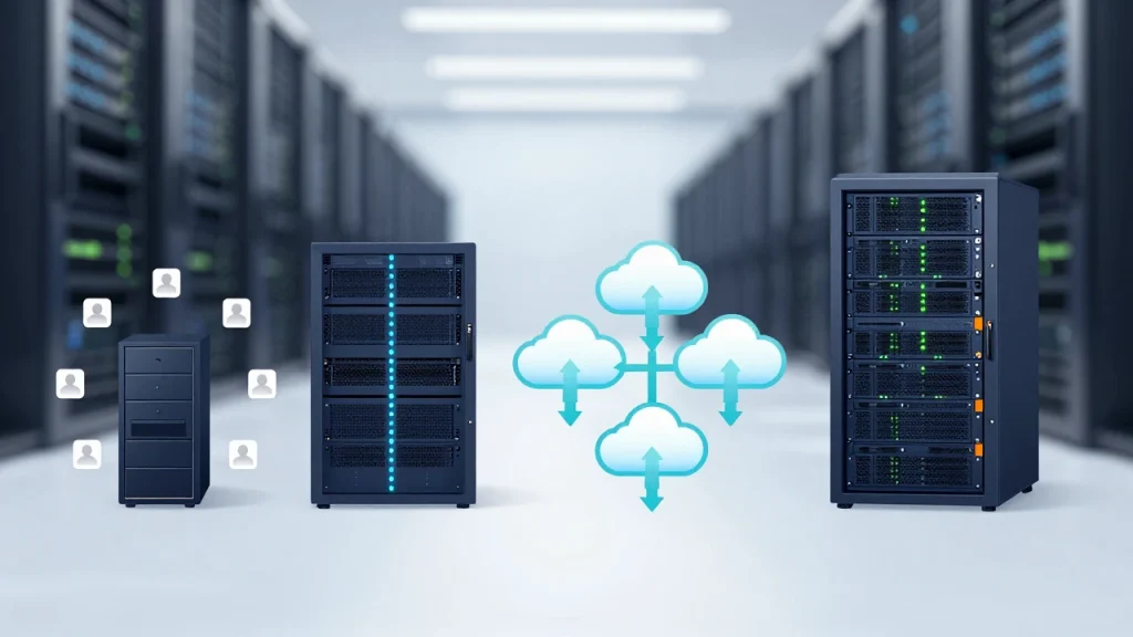 共享主机、VPS、云服务器与独立服务器四种托管方式概念图