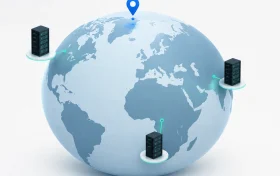 GeoDNS 地理解析示意图，展示域名解析按访问者地区将用户引导到不同服务器节点