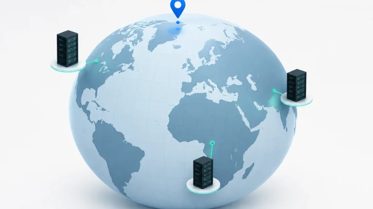 GeoDNS 地理解析示意图，展示域名解析按访问者地区将用户引导到不同服务器节点