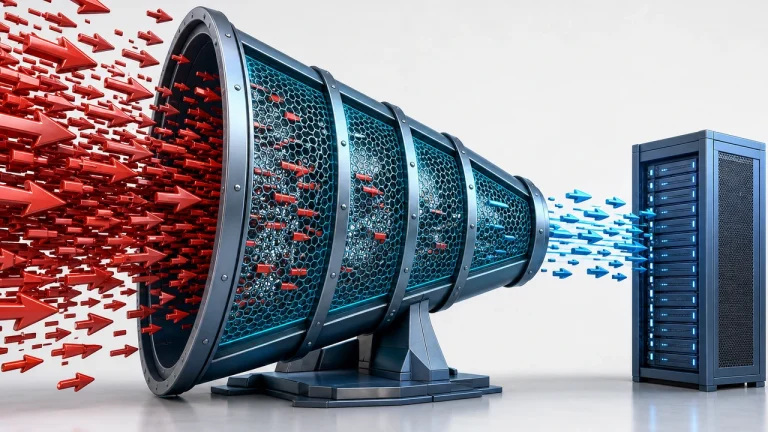 DDoS 缓解概念图：恶意流量经清洗设施过滤后回注源站服务器