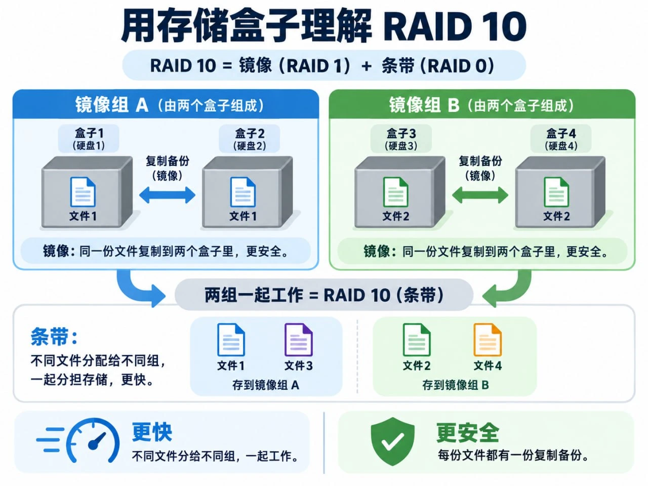 RAID 10 镜像与条带化结构示意图