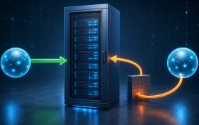 Split DNS 封面图：中央 DNS 服务器 cabinet 被内外两个查询节点以不同路径访问