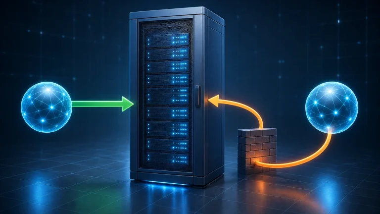 Split DNS 封面图：中央 DNS 服务器 cabinet 被内外两个查询节点以不同路径访问